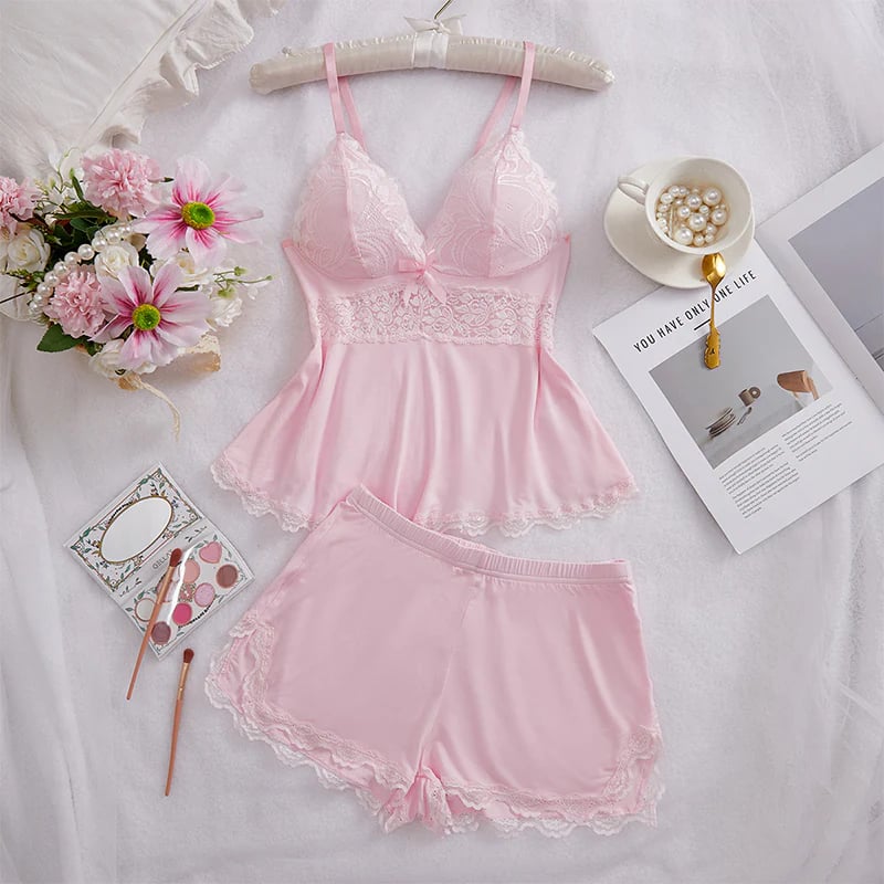 💕Set de pijamale cu camisol cu decolteu în V și șorturi, cu bordură din dantelă