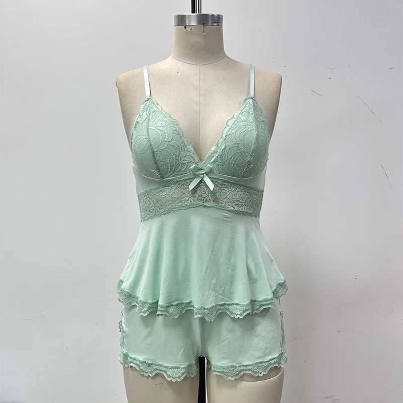 💕Set de pijamale cu camisol cu decolteu în V și șorturi, cu bordură din dantelă