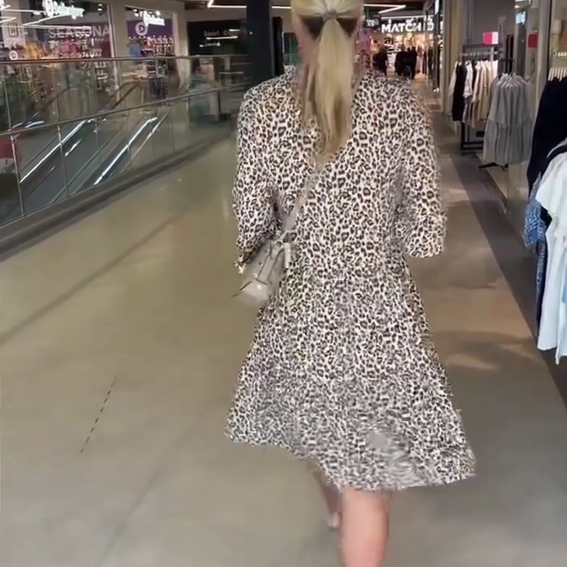 Rochie cu decolteu în V, cu imprimeu leopard la modă pentru femei, croială largă