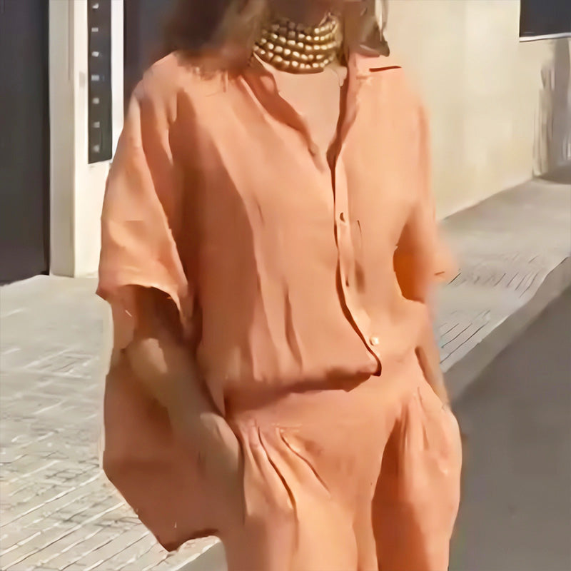 Set de două piese casual din bumbac și in pentru femei