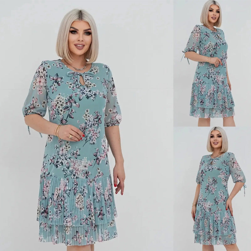 Rochie lungă elegantă cu mânecă scurtă plisată pentru femei