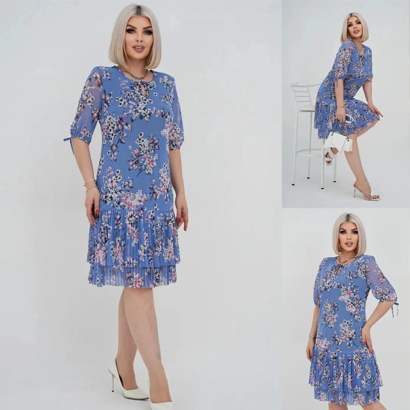 Rochie lungă elegantă cu mânecă scurtă plisată pentru femei