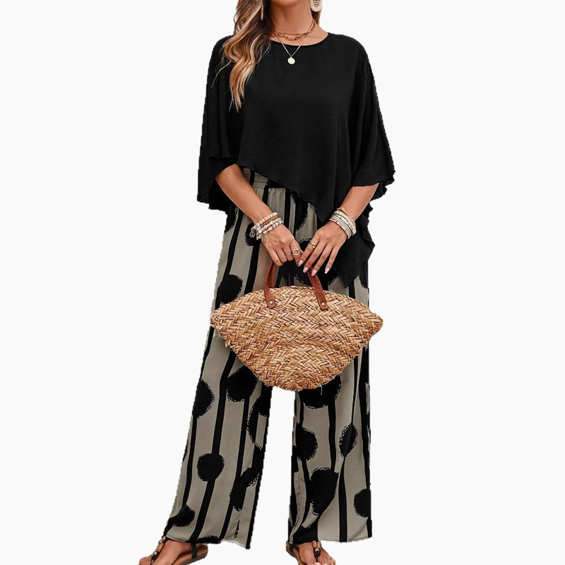 Top cu mânecă 5/8 și set de pantaloni imprimați