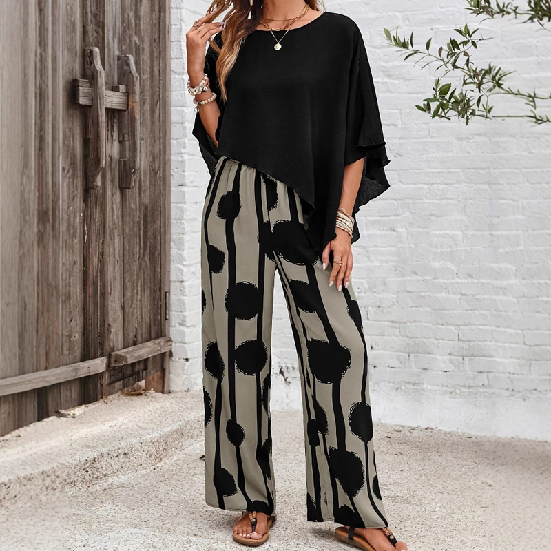 Top cu mânecă 5/8 și set de pantaloni imprimați