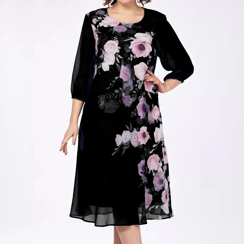👗 Rochie elegantă din șifon cu imprimeu floral și decolteu rotund