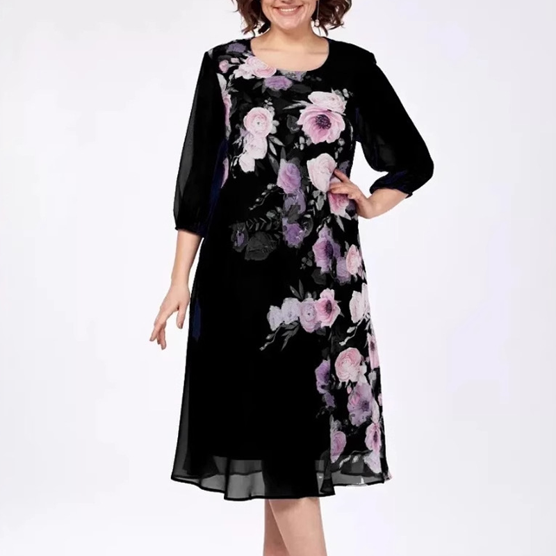 👗 Rochie elegantă din șifon cu imprimeu floral și decolteu rotund