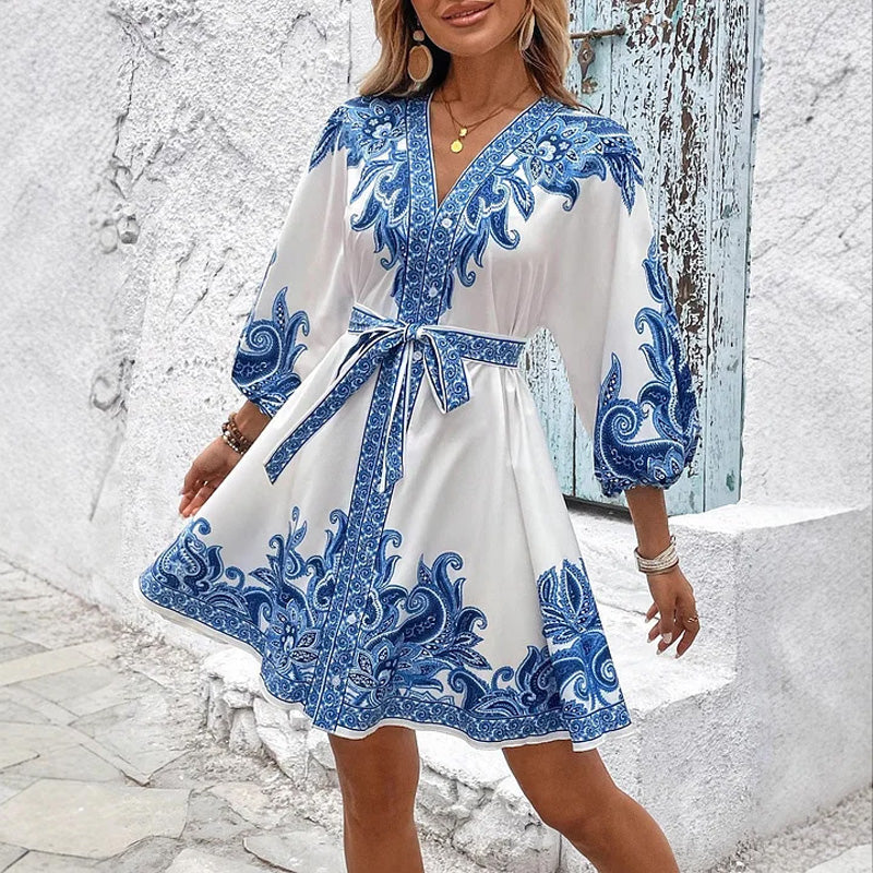 ✨Guler cu cruce și coroană👑Vintage imprimate V-neckline talie cravată rochie