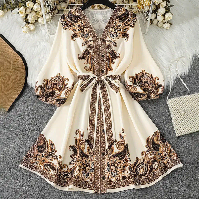 ✨Guler cu cruce și coroană👑Vintage imprimate V-neckline talie cravată rochie