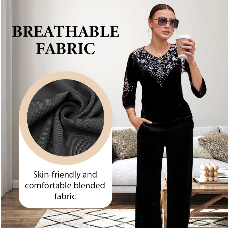 💞Set top și pantaloni din catifea cu strasuri pentru femei