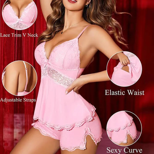 💕Set de pijamale cu camisol cu decolteu în V și șorturi, cu bordură din dantelă