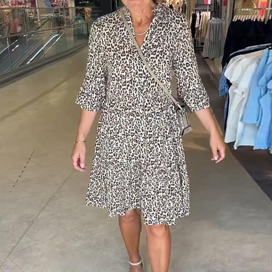 Rochie cu decolteu în V, cu imprimeu leopard la modă pentru femei, croială largă