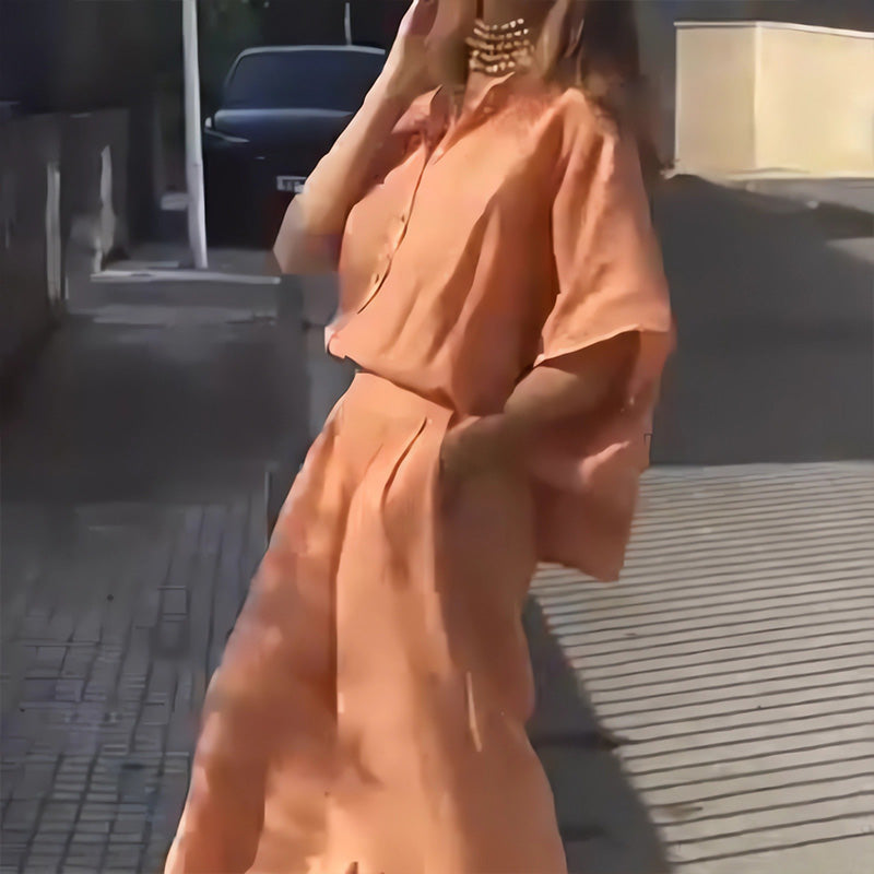 Set de două piese casual din bumbac și in pentru femei