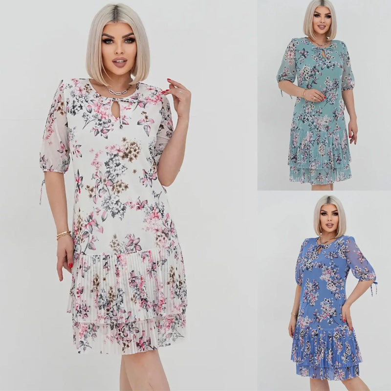 Rochie lungă elegantă cu mânecă scurtă plisată pentru femei