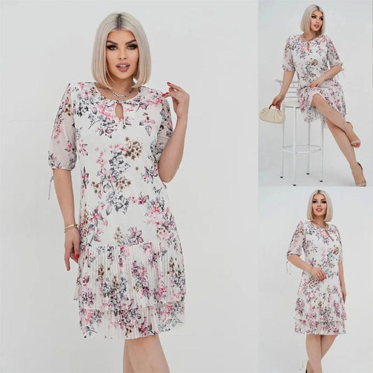 Rochie lungă elegantă cu mânecă scurtă plisată pentru femei