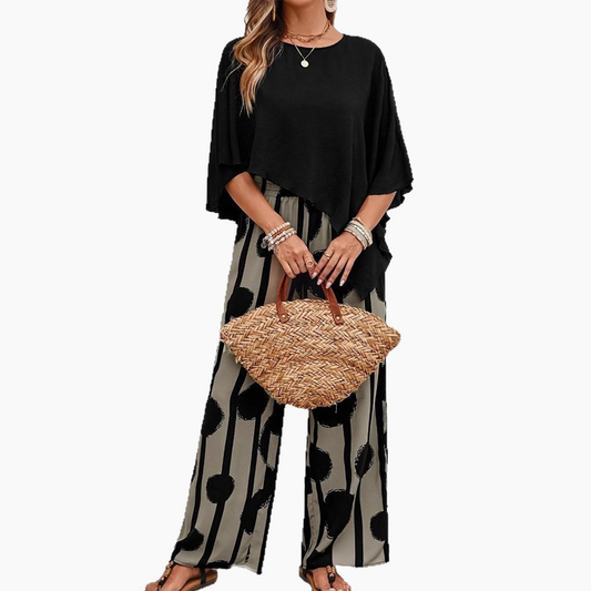 Top cu mânecă 5/8 și set de pantaloni imprimați