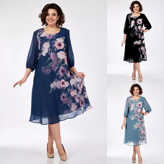 👗 Rochie elegantă din șifon cu imprimeu floral și decolteu rotund