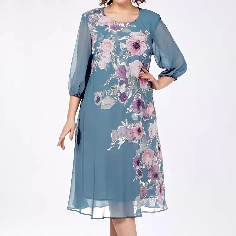 👗 Rochie elegantă din șifon cu imprimeu floral și decolteu rotund