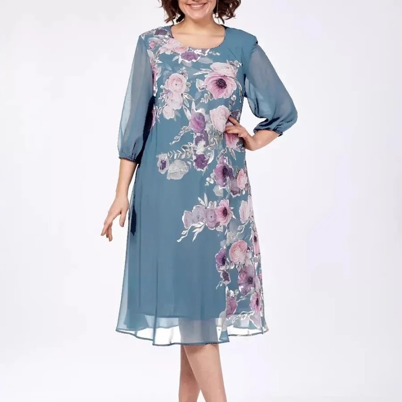 👗 Rochie elegantă din șifon cu imprimeu floral și decolteu rotund