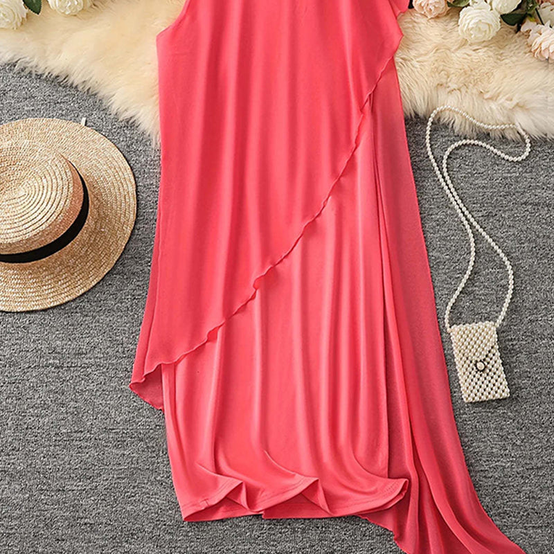 Rochie elegantă fără mâneci, cu plasă asimetrică și decolteu rotund